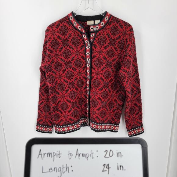 LL Bean Cardigan Womens Medium Merino Wool Red Black Snowflake Sweater Vintage - Picture 12 of 12